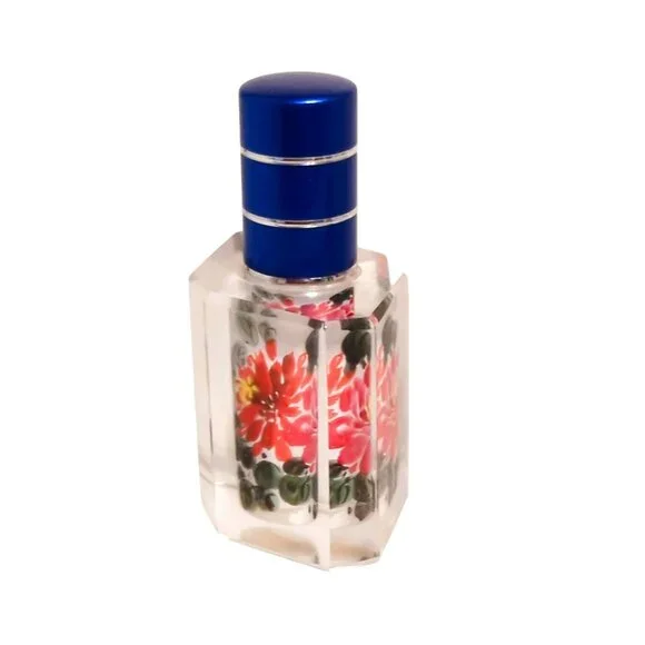 Vintage Hand-Painted Glass Perfume Bottle With Blue Cap Intricate Floral Design - Picture 2 of 6